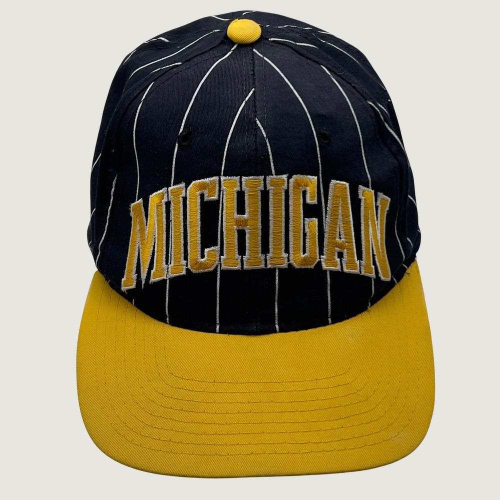 Vintage Starter Michigan Wolverines Snapback Hat Pinstripe Navy Yellow Mens Cap